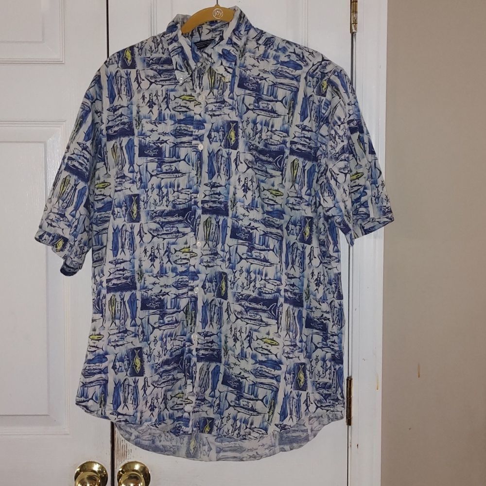 Nautica  beach ocean fish print button down shirt Sz M EUC